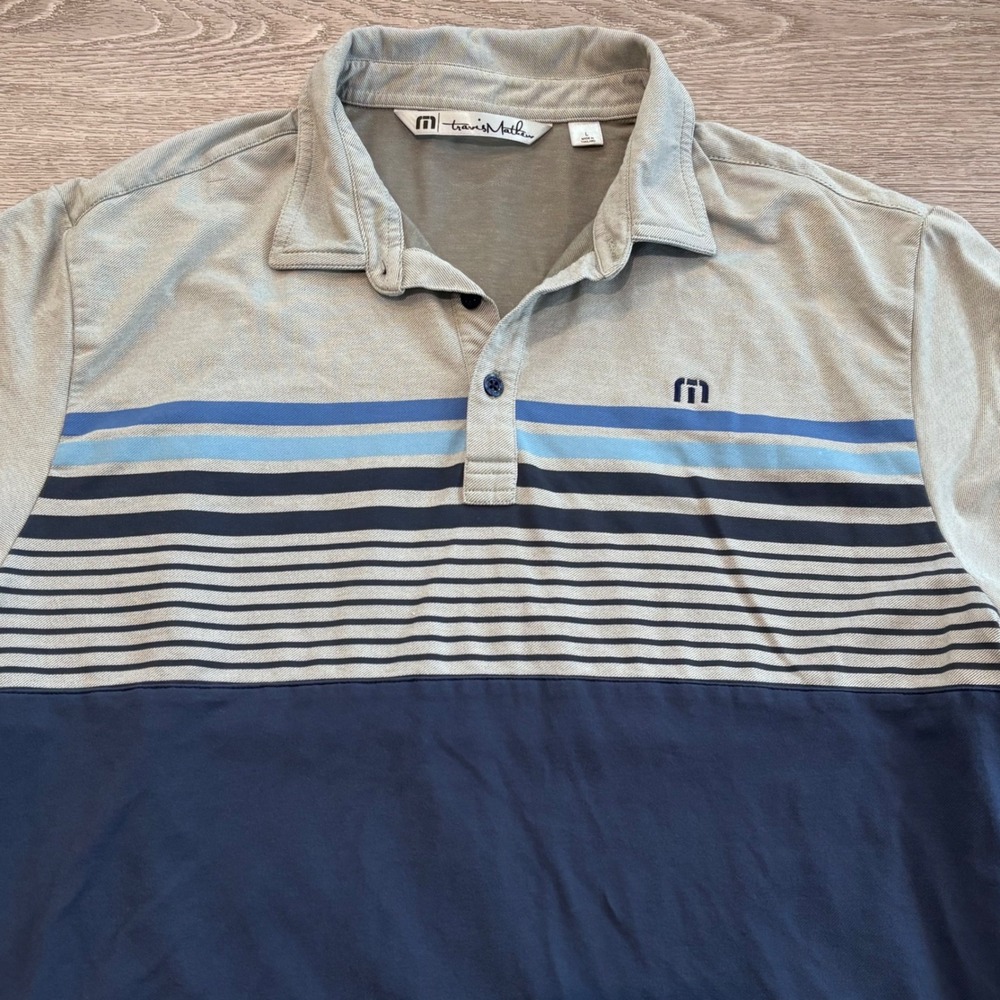 Travis Mathew Golf Polo Mens Large Blue Grey Striped Casual Preppy Athletic